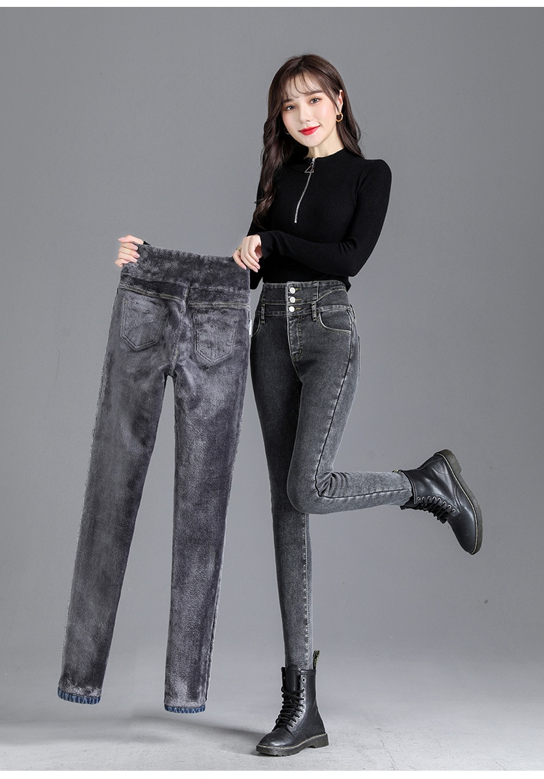 Womens Winter Jeans High Waist Skinny Pants Fleece /no velvet